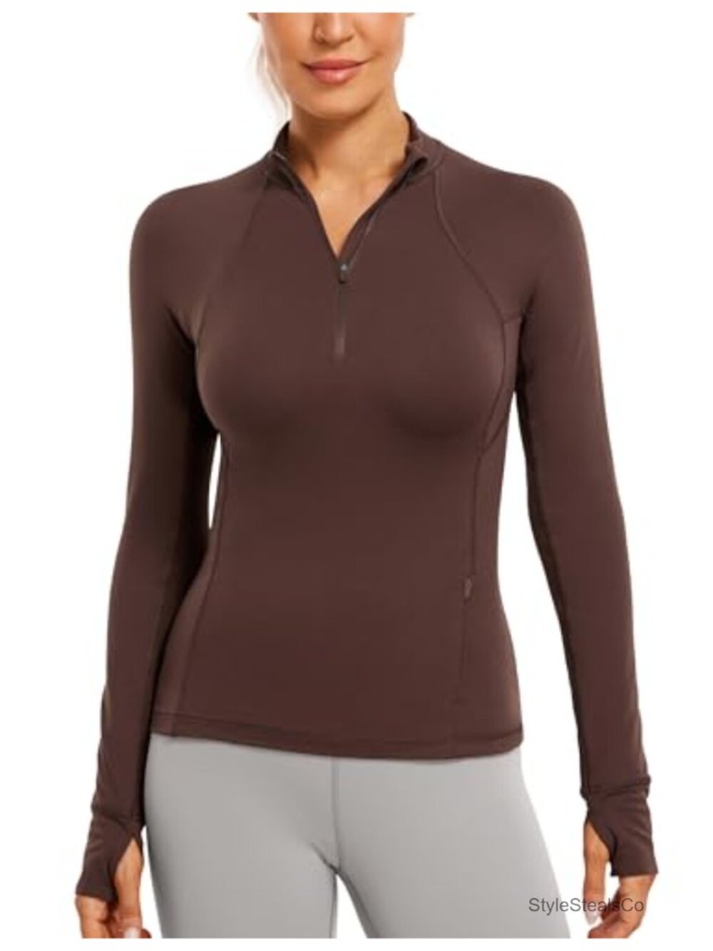 Brushed Half Zip Long Sleeve Athletic Top with Thumbholes
